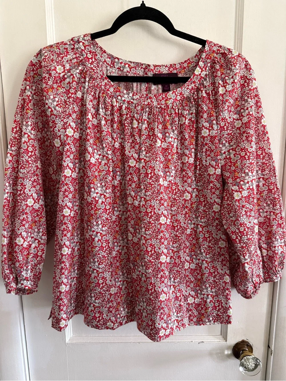J. Crew Red Ditsy Floral Liberty Print Puff Sleeve Peasant Blouse M